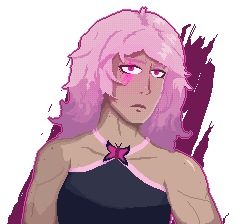 A pixel art portrait of Sakiko, a young woman with long pink hair, a muscular physique, and discolored scar over her right eye. She's wearing a sleeveless black crop top with pink trimming around the edges, with a black and pink brooch of a butterfly on the collar, and has some visible freckles on her arms and shoulders. She has a neutral but stern expression.