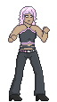A pixel art animation of Sakiko's in-game idle combat stance. Her full body is visible, showing her wearing two overlapping belts around her stomach, a black and pink striped belt around her pants, dark grey bell bottom pants, and black dress shoes.
